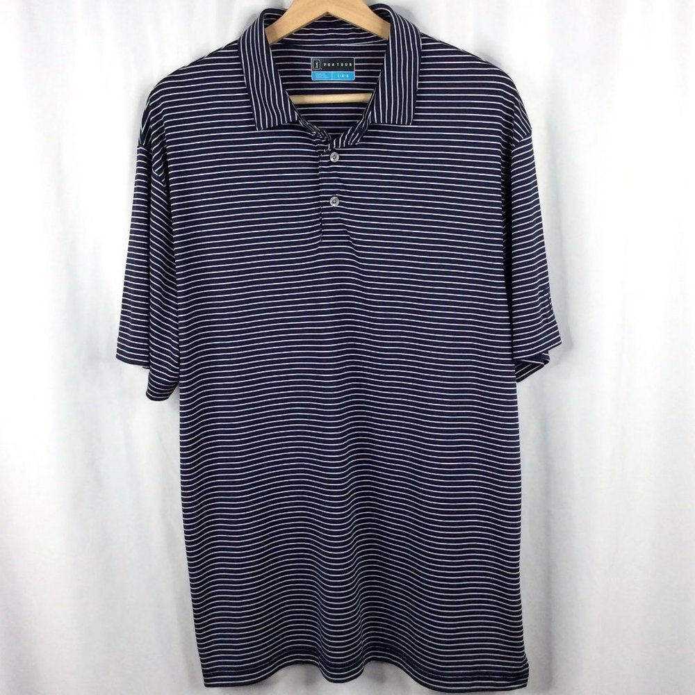 PGA Tour Men's Golf Polo Shirt Size Large Navy Blue Striped